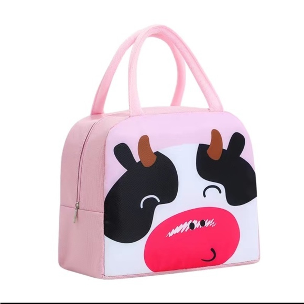 New! Adorable Cow Insulated Travel School Lunch Box Bag Bento Pink Black Moo